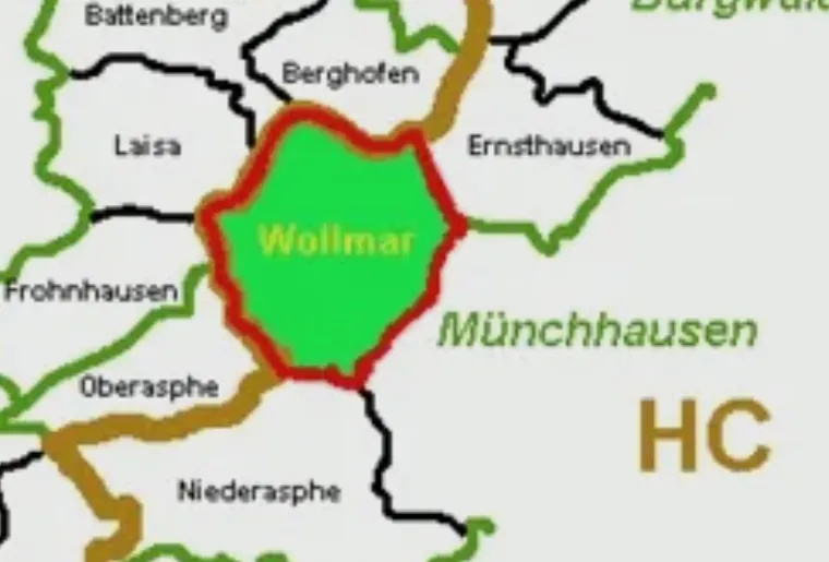 Alte Gemarkungskarte: Wollmar rot umrandet, ringsum die Nachbarorte